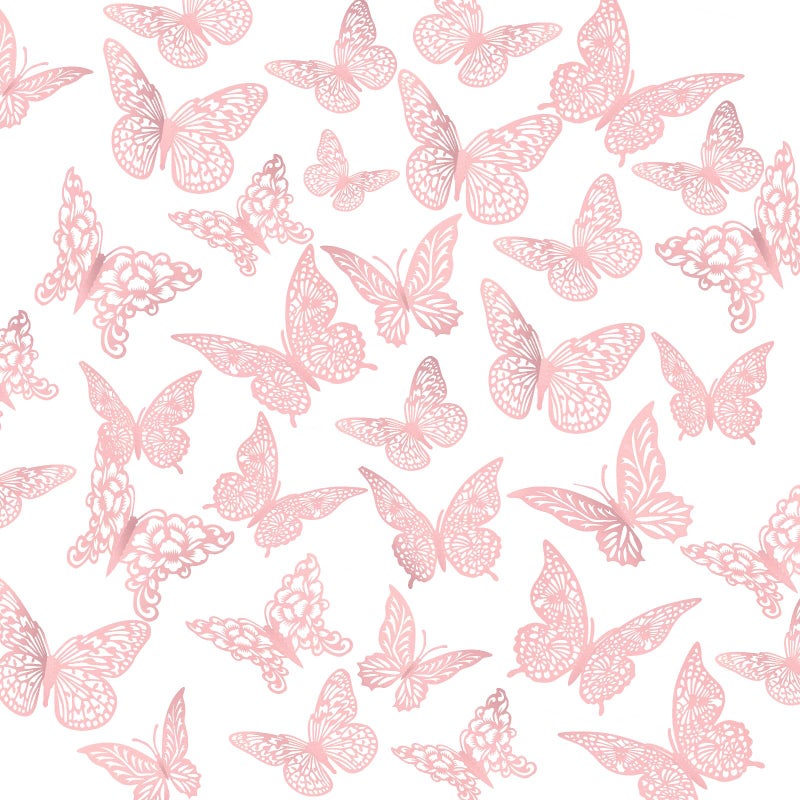 XUNXMAS 3D Gold Butterfly Wall Decor 3 Sizes 4 Styles Butterfly Party Decorations Cake Decorations Removable Stickers Wall Decor Room Mural Metallic Kids (Pink, 96Pcs) - Image 1